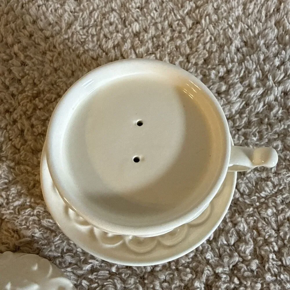 Fine Porcelain Teapot Salt & Pepper Shaker w Saucer Embossed Fleur-de-lis 4”